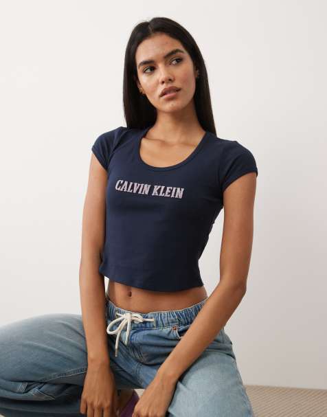 Calvin Klein Jeans - T-shirt baby blu navy con logo stile college - view 1