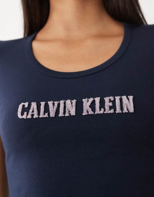 Calvin Klein Jeans - T-shirt baby blu navy con logo stile college, 2 di 4