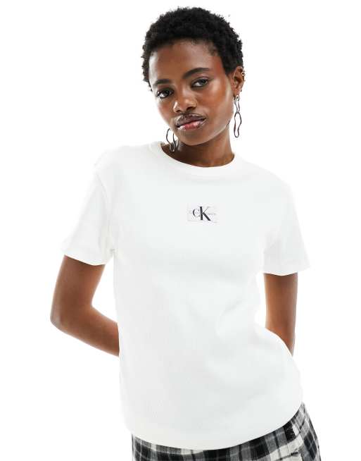 Calvin Klein Jeans - T-shirt bianca a coste con etichetta cucita del logo