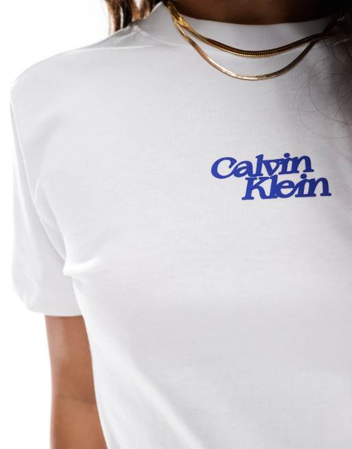 Calvin Klein Jeans - T-shirt bianca e blu con scritta del logo al centro, 2 di 4