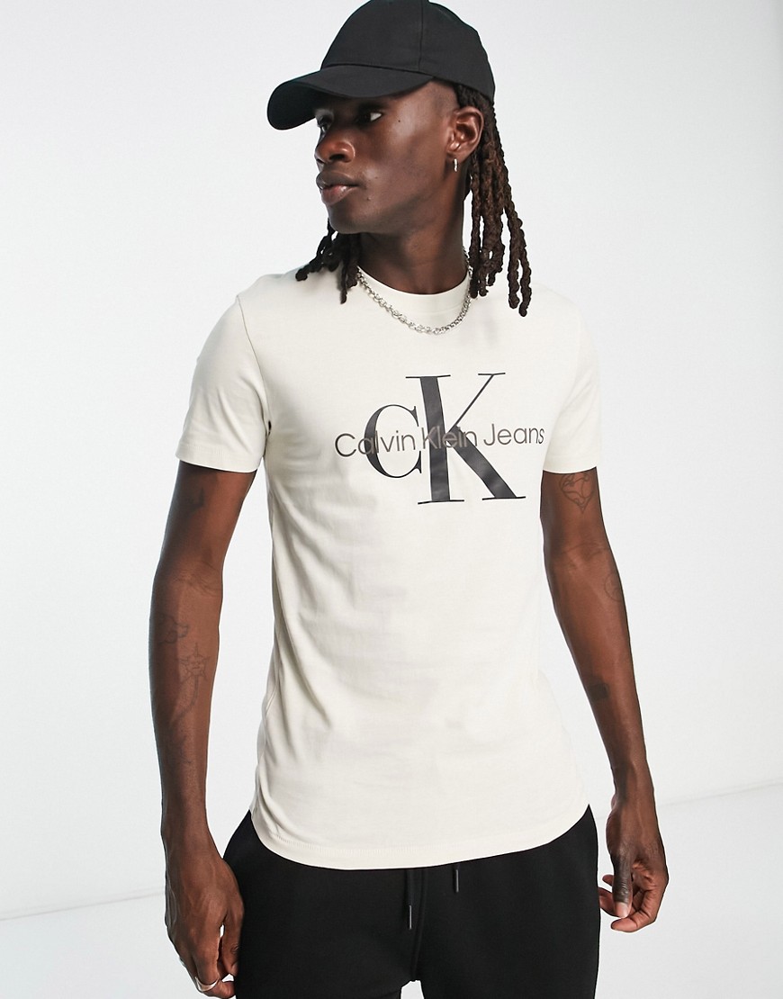 calvin klein jeans - t-shirt bianco sporco con logo grande del monogramma-neutro