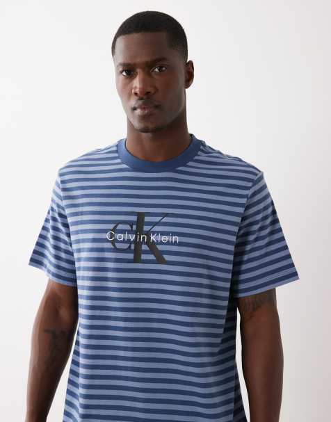 Calvin Klein Jeans - T-shirt blu denim bicolore a righe con logo a monogramma - view 1