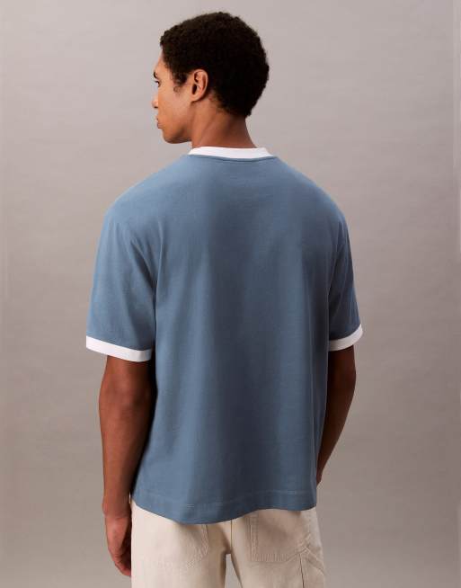 Calvin Klein Jeans - T-shirt blu nebbia rétro con bordi a contrasto, 2 di 4