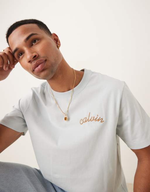 Calvin Klein Jeans - T-shirt color blu pallido con logo ricamato sul petto, 4 di 4