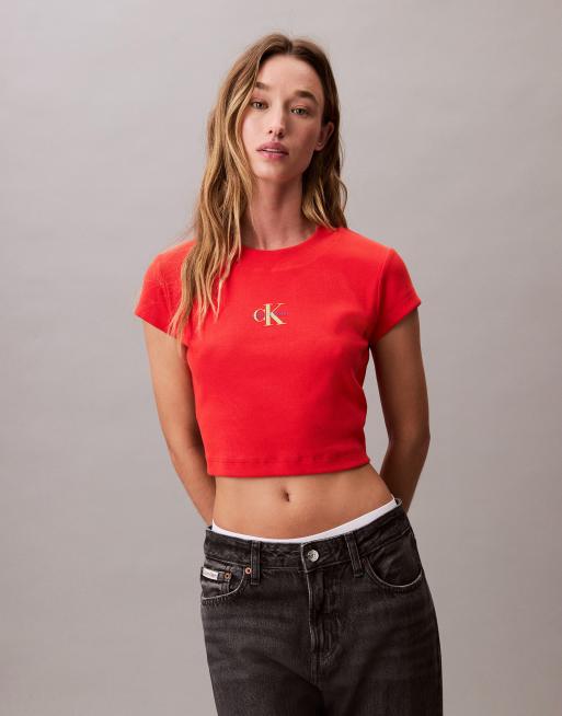 Calvin Klein Jeans - T-shirt corta color pesca con monogramma