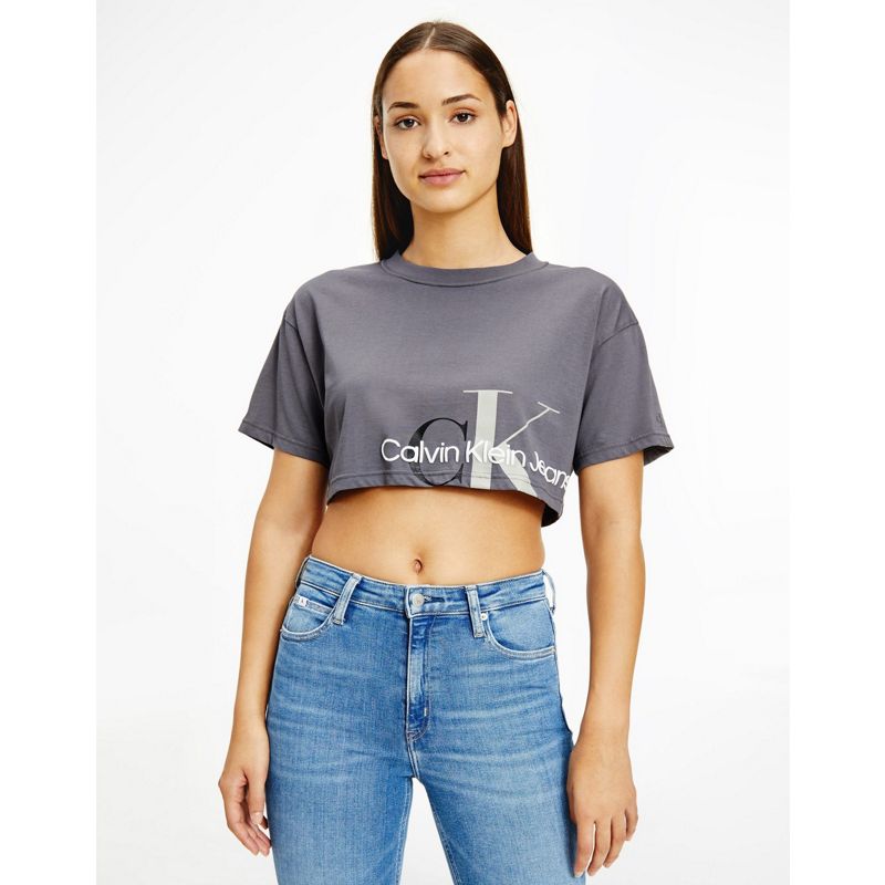  Donna Calvin Klein Jeans - T-shirt corta grigia con monogramma bicolore