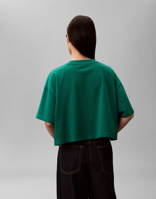 Calvin Klein Jeans - T-shirt corta squadrata verde con logo heritage, 4 di 4
