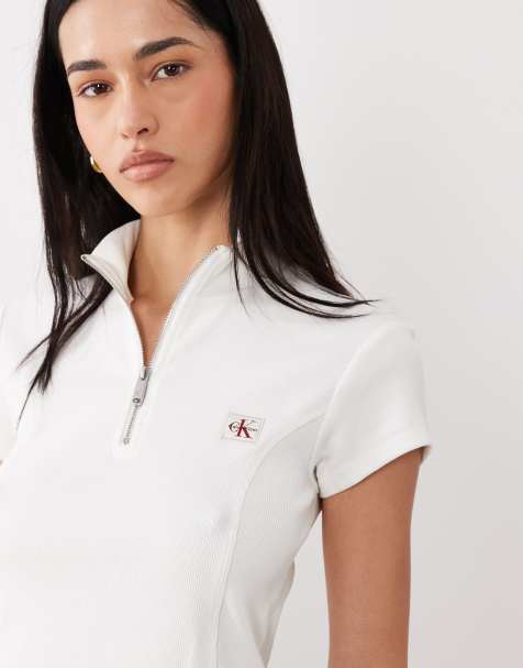 Calvin Klein Jeans - T-shirt côtelé à col montant zippé - Blanc - view 1