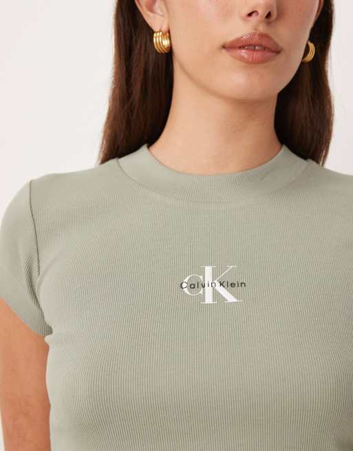 Calvin Klein Jeans - T-shirt côtelé effet rétréci à logo monogramme - Vert, 3 de 4