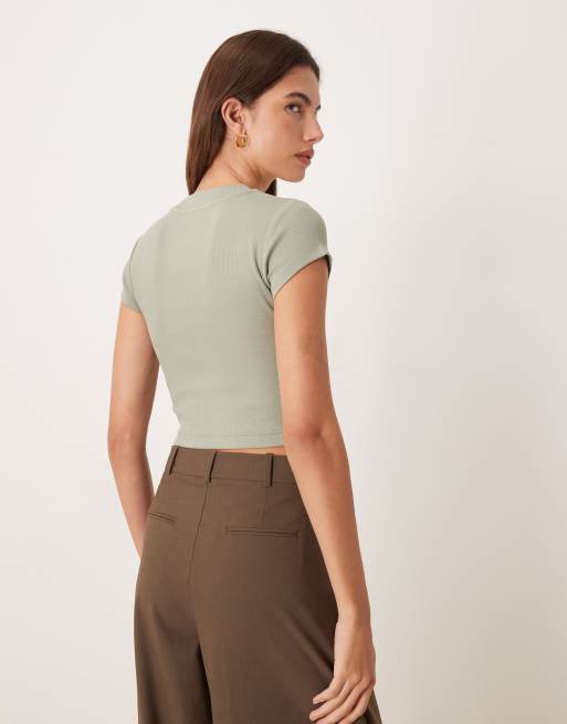 Calvin Klein Jeans - T-shirt côtelé effet rétréci à logo monogramme - Vert, 4 de 4