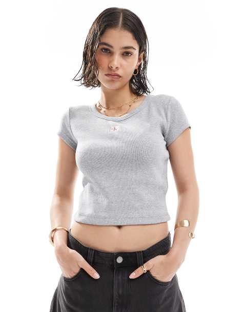Calvin Klein Jeans - T-shirt court côtelé à étiquette tissée - Gris - view 1