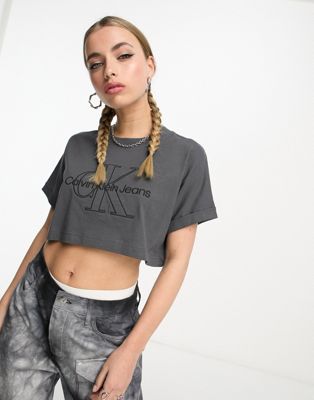 Calvin Klein Jeans monogram logo cropped t-shirt in washed black - ASOS Price Checker
