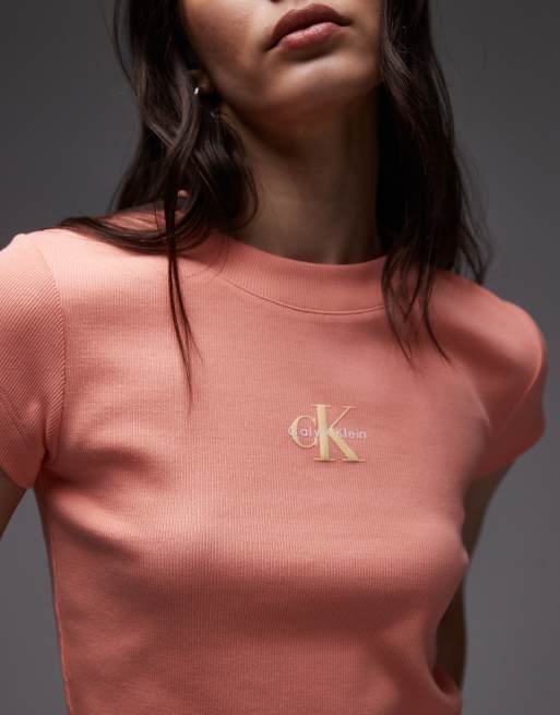Calvin Klein Jeans - T-shirt effet rétréci à logo monogramme - Pêche, 2 de 4
