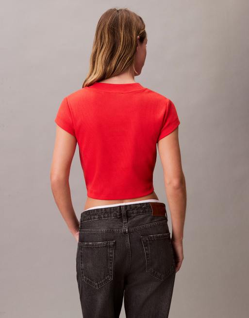 Calvin Klein Jeans - T-shirt effet rétréci à logo monogramme - Rouge, 2 de 4