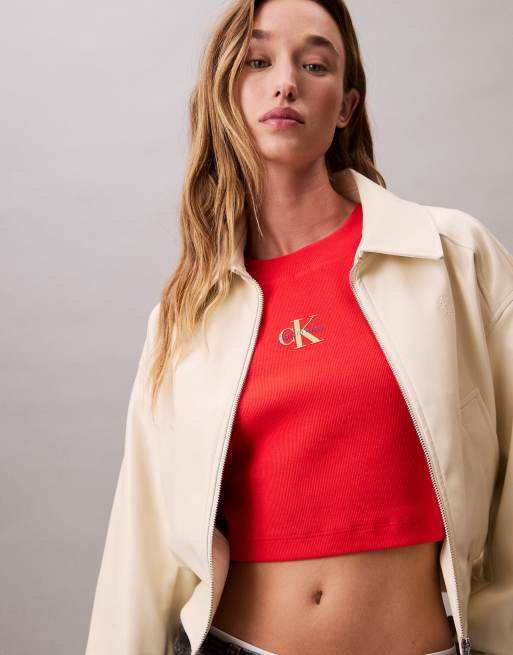 Calvin Klein Jeans - T-shirt effet rétréci à logo monogramme - Rouge, 3 de 4