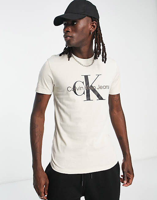 Calvin Klein Jeans – T-Shirt in gebrochenem Weiß mit großem Monogramm-Logo  | ASOS