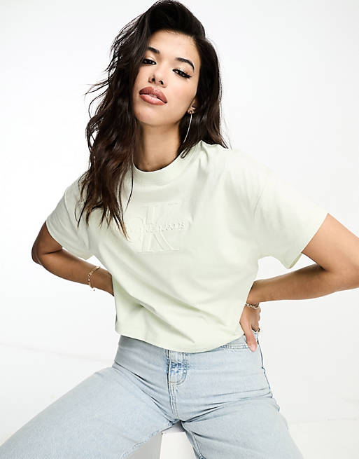 Calvin Klein Jeans – T-Shirt in Grün mit geprägtem Logo | ASOS
