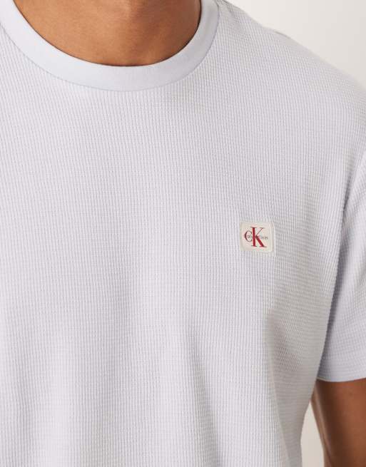 Calvin Klein Jeans – T-Shirt in Hellblau mit Waffelmuster und Aufnäher, 4 von 5