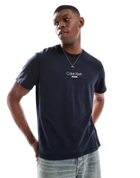 Calvin Klein Jeans – T-Shirt in Marineblau mit kleinem mittigem Logo - view 1