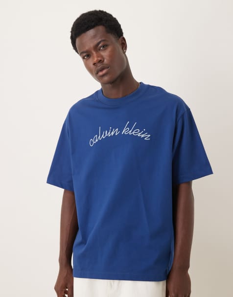 Calvin Klein Jeans – T-Shirt in Marineblau mit Logostickerei - view 1