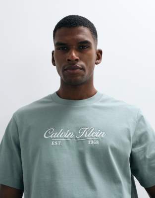 Jeans - T-Shirt in Pistaziengrün mit mittigem Schriftzug Grün 48