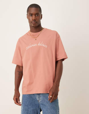 Jeans - T-Shirt in Rosé mit Logo-Stickerei-Rot Rot 48