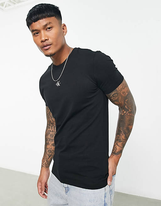Calvin Klein Jeans – T-Shirt in Schwarz mit sehr kleinem Monogramm-Logo |  ASOS