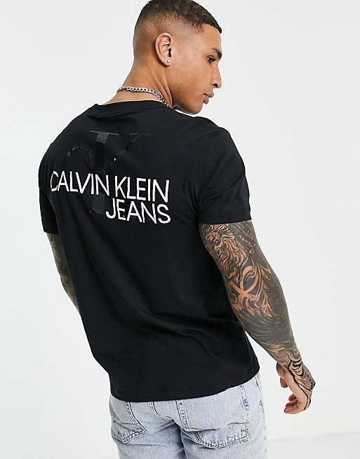 Calvin Klein Jeans – T-Shirt in Schwarz mit transparentem  Monogramm-Rückenprint | ASOS