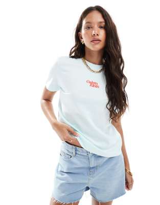 Calvin Klein Jeans - T-Shirt in Weiß und blassem Aquablau mit mittigem Logo-Schriftzug-Grün