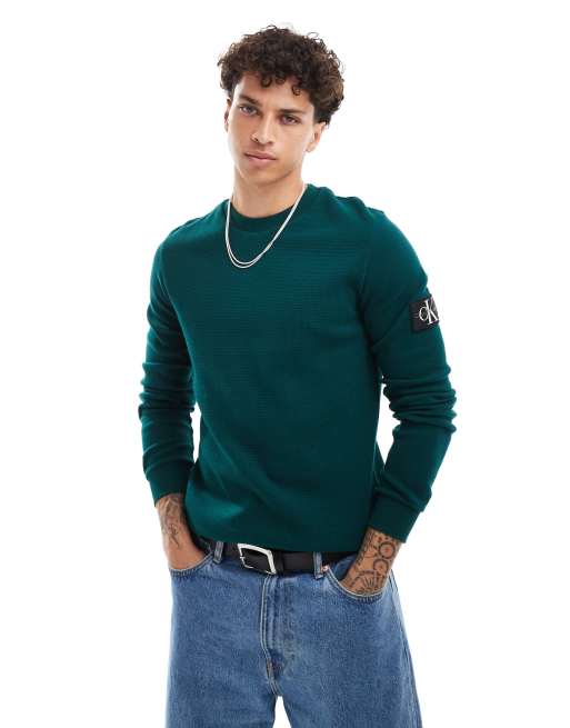 Calvin Klein Jeans - T-shirt met lange mouwen, badge en wafelstructuur in donkergroen