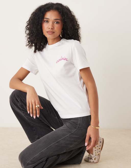 Calvin Klein Jeans - T-shirt met stiksel op de borst in wit, 3 van 4
