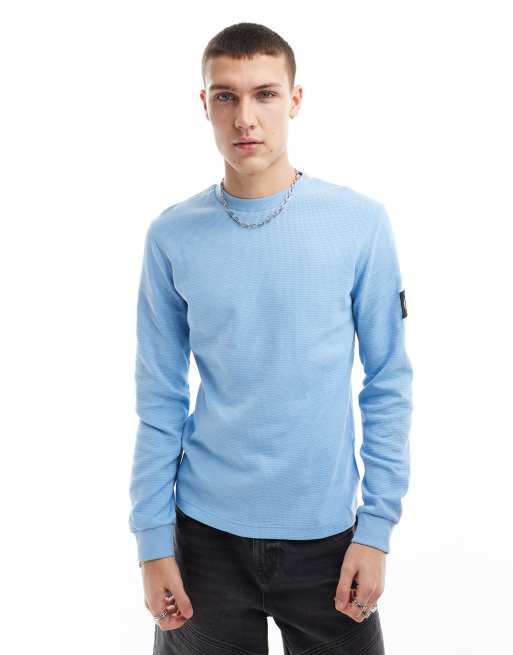 Calvin Klein Jeans - T-shirt met wafelstructuur, lange mouwen en badge in blauw