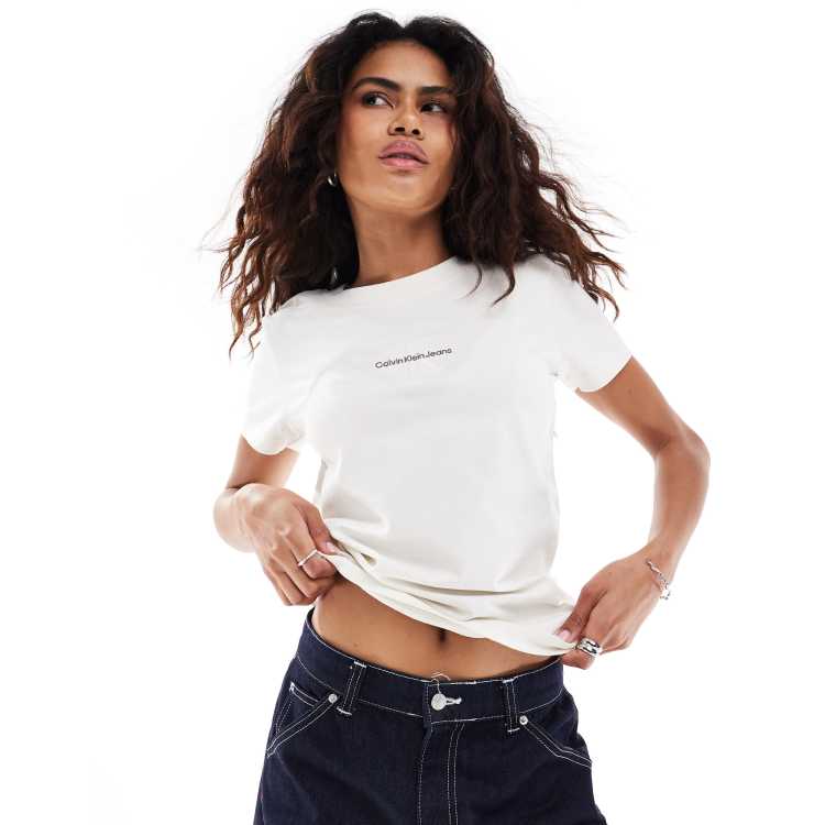 Calvin Klein Jeans T shirt mini bianco sporco con monogramma del logo ASOS