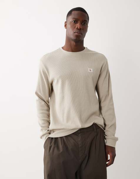 Calvin Klein Jeans – T-shirt o waflowej fakturze w kolorze khaki z długimi rękawami i naszywką z logo - view 1