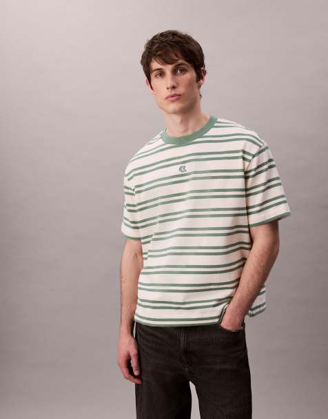 Calvin Klein Jeans – T-shirt oversize w paski w kolorze złamanej bieli i zielonym - view 1
