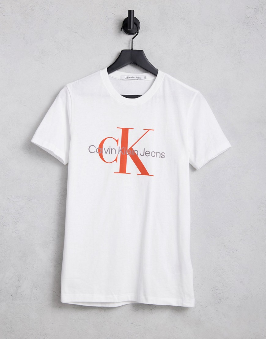 Calvin Klein Jeans - T-Shirt Slim Bianca Con Logo Con Monogramma Sul Petto-Bianco