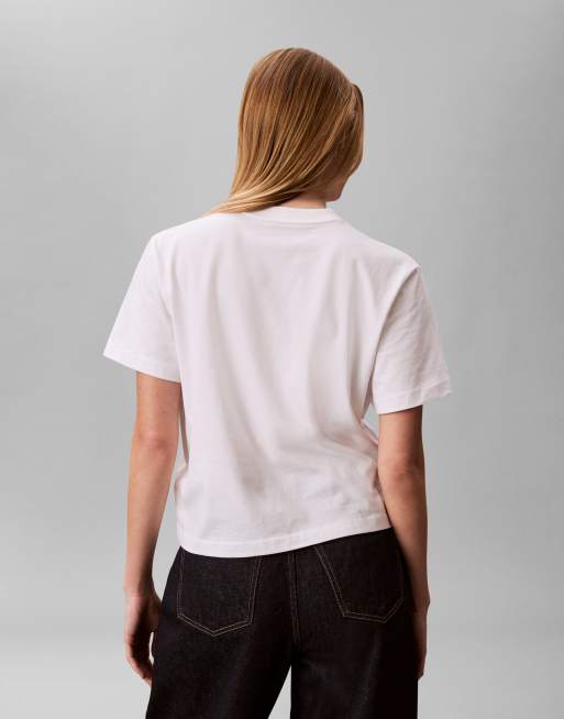 Calvin Klein Jeans - T-shirt squadrata bianca con scritta del logo, 3 di 4