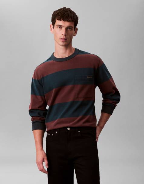 Calvin Klein Jeans – T-shirt z długimi rękawami w bordowo-granatowe paski - view 1