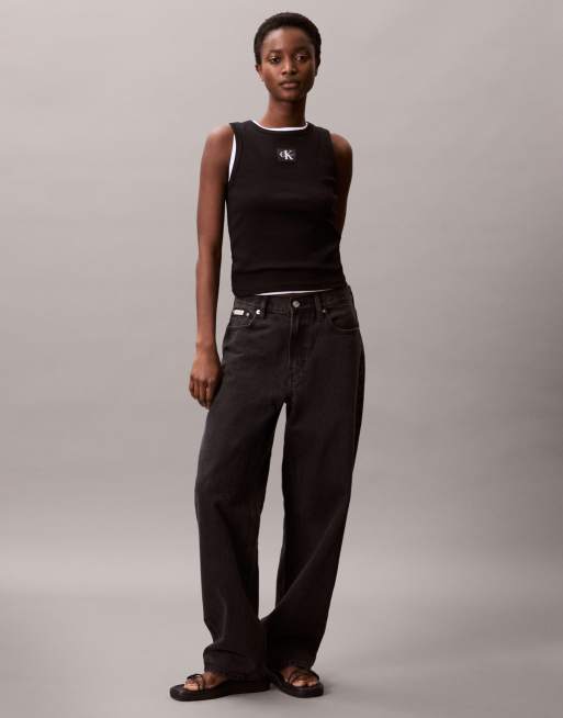 Calvin Klein Jeans – Tanktop in Schwarz mit Logo-Aufnäher, 4 von 4