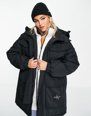 Calvin Klein Jeans technical hooded puffer jacket in black