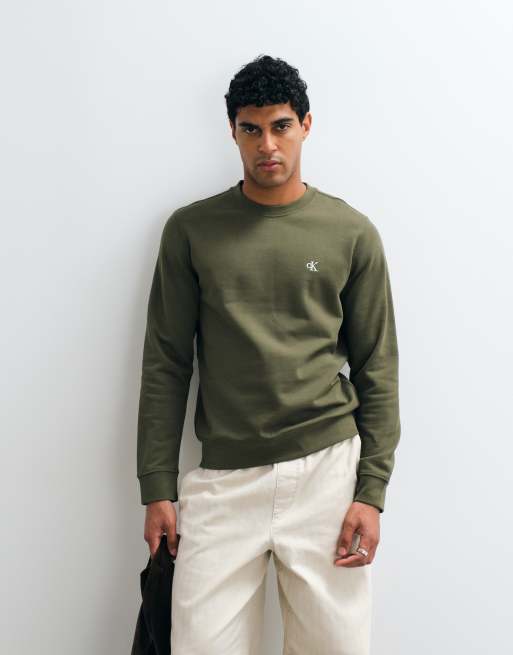 Calvin Klein Jeans terry monogram long sleeve crew neck sweatshirt in khaki, 2 of 5