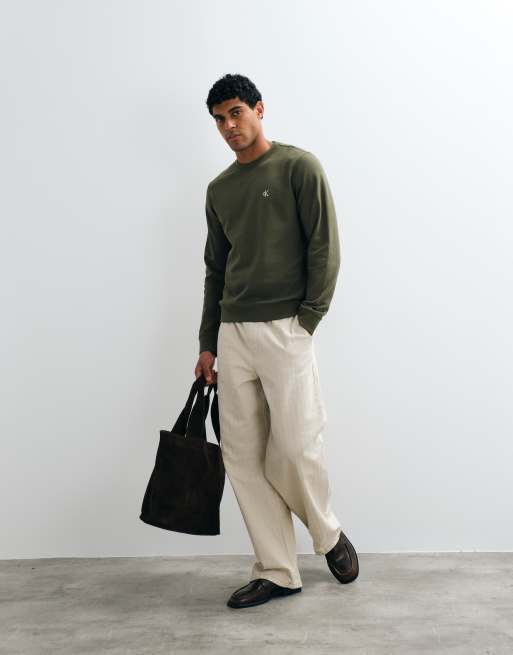 Calvin Klein Jeans terry monogram long sleeve crew neck sweatshirt in khaki, 4 of 5