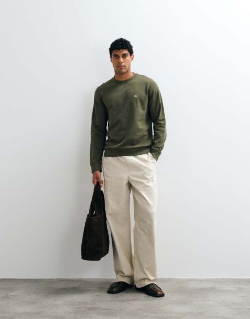 Calvin Klein Jeans terry monogram long sleeve crew neck sweatshirt in khaki, 5 of 5
