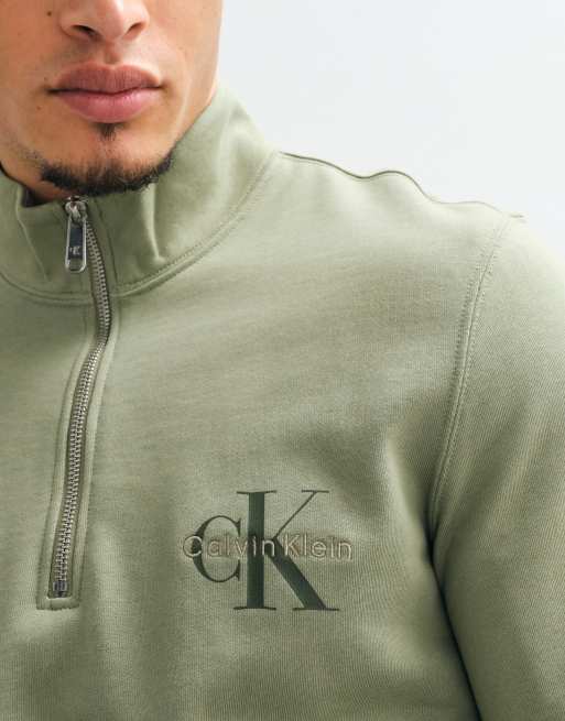 Calvin Klein Jeans Terry Monologo quarter zip in green, 2 of 5