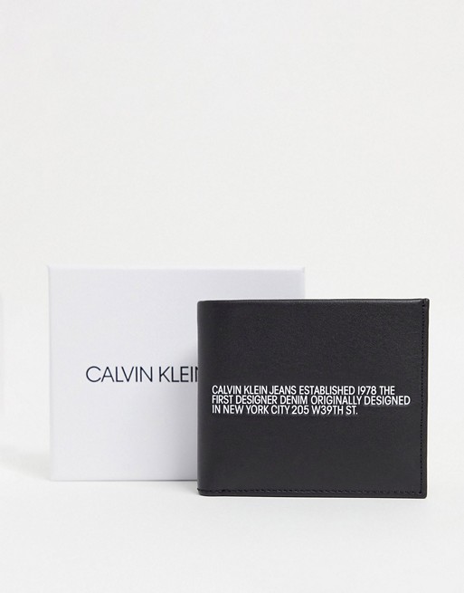 Calvin Klein Jeans text logo bilfold leather bi-fold wallet with coin pocket in black