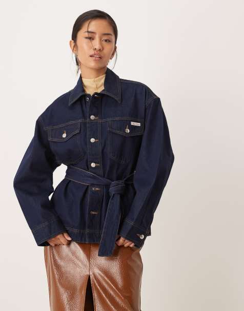 Calvin Klein Jeans tie waist denim jacket in dark wash blue - view 1