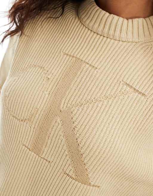 Calvin Klein Jeans tonal logo jumper in beige, 2 of 4