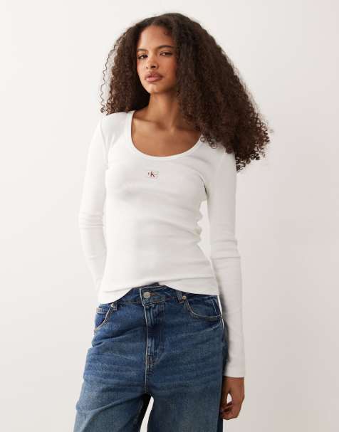 Calvin Klein Jeans - Top a maniche lunghe bianco a coste con scollo rotondo - view 1