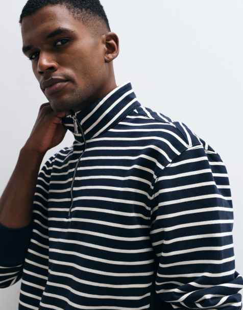 Calvin Klein Jeans - Top blu scuro e bianco a righe con zip corta e monogramma a righe - view 1