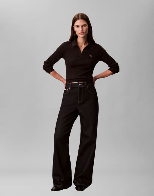 Calvin Klein Jeans - Top côtelé ajusté à manches longues et col polo - Noir, 2 de 4